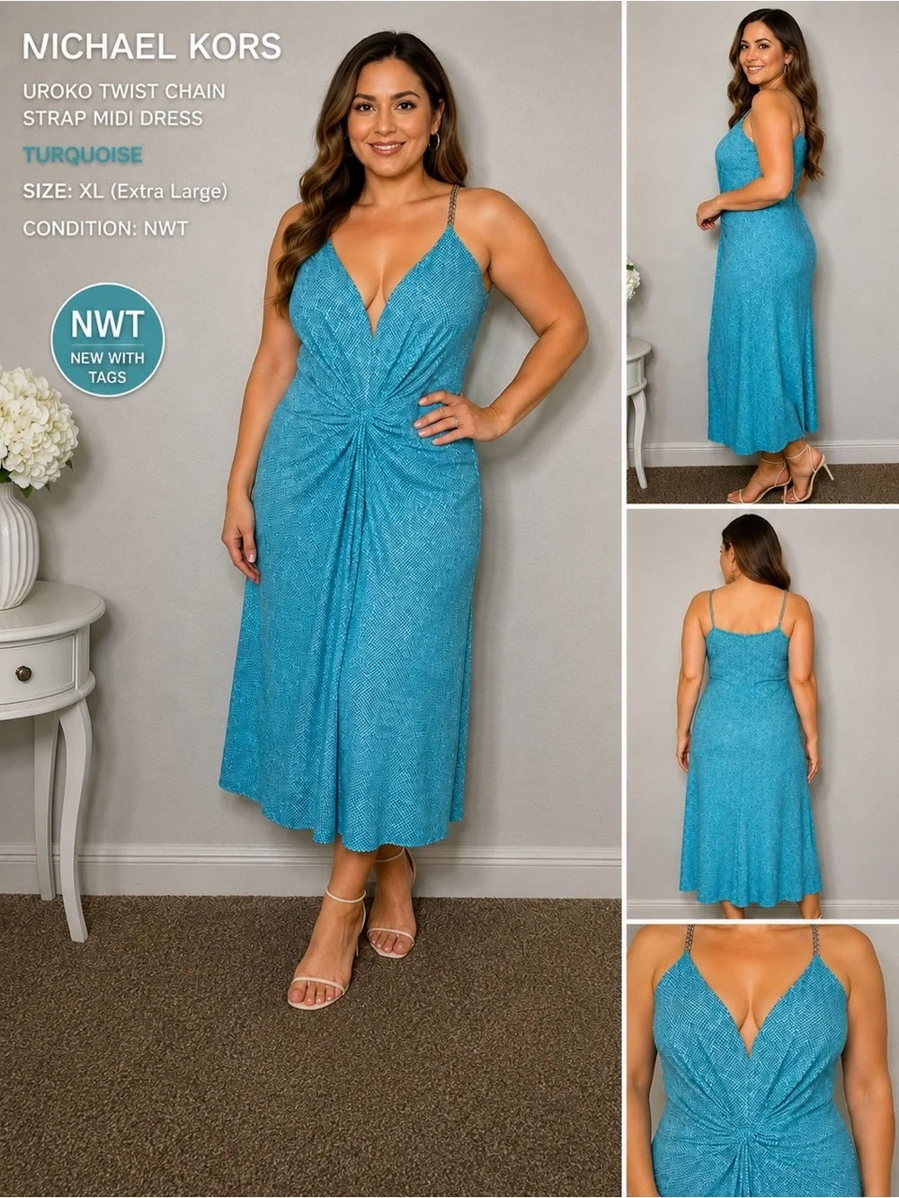 NWT Michael Kors Turquoise Twist Front Chain Strap Midi Dress Size XL